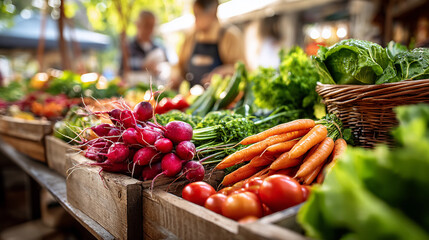 Fresh produce on display at a vibrant farmer's market, showcasing healthy food.