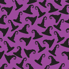 Halloween Witch Hat Seamless Vector Pattern. Purple Background Design for Wrapping, Fabric, Holiday Decoration, Textiles, Wallpapers