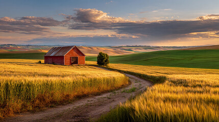Scenic view of a red barn in a golden wheat field at sunset.
