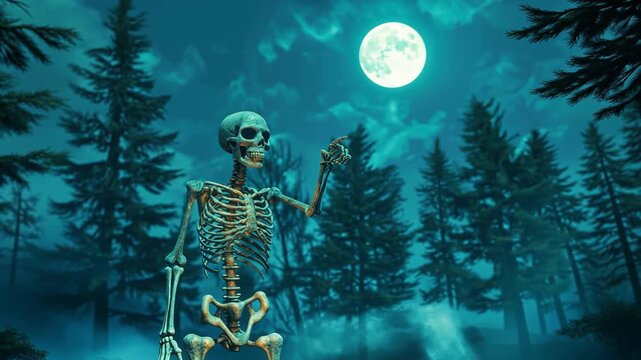 Halloween Eerie Skeleton Stands in Dark Forest Under Bright Full Moon, Creating Spooky Night Atmosphere