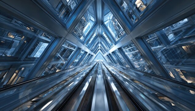 Modern skyscraper interior; symmetrical elevator shaft perspective, triangular patterns, blue tints