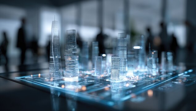 A miniature city model glows with neon lights, set on a table with blurred figures in the background - Powered by Adobe