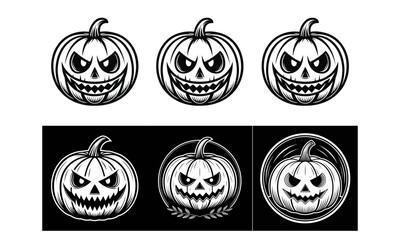 Series Of Halloween Jack-O-Lantern Pumpkins In Bold Black And White Distressed Designs