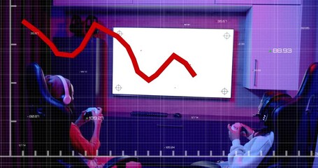 Mother and daughter pressing controllers in gaming den tracking score updating on red line graph