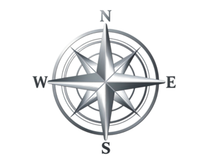 Metallic compass rose on black background