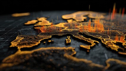A digital map of Europe with glowing orange data visualizations overlayed