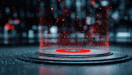 A red circular portal emits glowing particles amidst a bokeh city background