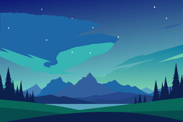 Serene minimalist landscape featuring a tranquil lake reflecting the vibrant aurora borealis dancing across a starry night sky above silhouetted mountains and pine trees