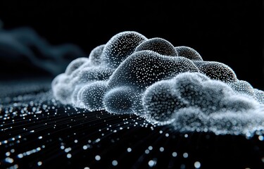 Abstract depiction of fluffy, luminous cloud formations, sparkling against a dark, textured background