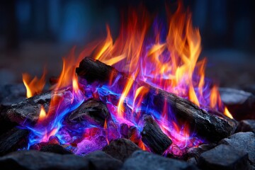 Fototapeta premium Vibrant campfire flames dance above glowing embers in a nighttime setting