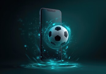 A realistic digital rendering of a soccer ball seemingly levitating in front of a smartphone, encircled by an ethereal teal energy field against a dark background