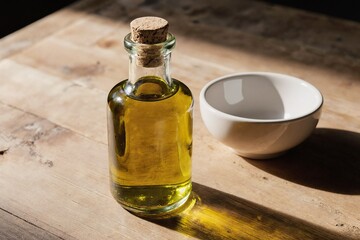 Bottle of olive oil sits on a wooden table next to a white bowl