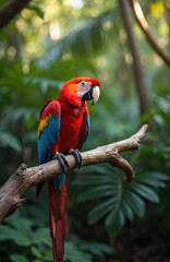 Scarlet macaw parrot rests on tree branch amid rich green jungle foliage. Vibrant red blue yellow feathers. Bird looks to side. Natural habitat wildlife scene.