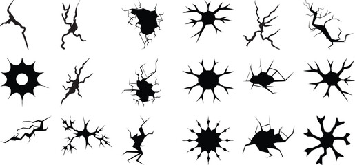 Collection of Black Silhouette Cracks and Fractures on White Background