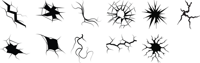 Collection of Black Silhouettes of Cracks and Shattered Glass Patterns