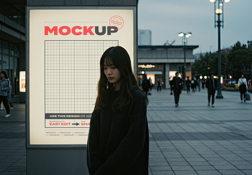 Street Vertical Sign with Sad Girl in Front Mockup