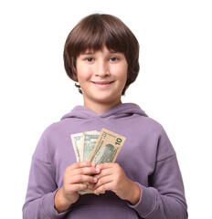 Boy with pocket money on white background