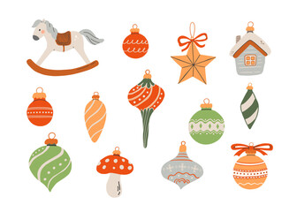 Cartoon Christmas ornament with bauble, toy, decoration, bell, star vector illustration. New Year  clipart