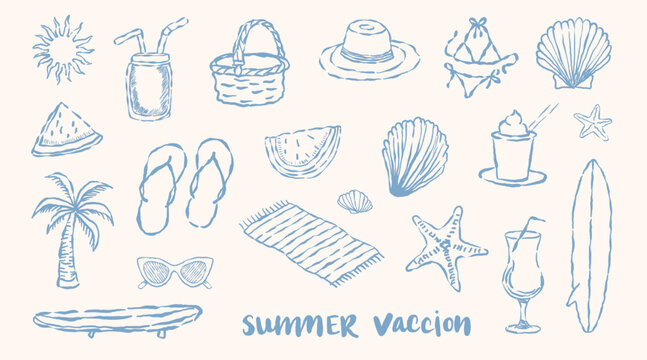 A collection of hand-drawn seamless patterns with summer vacation and surf board,coconut tree,shell,sunglass, vector design element.