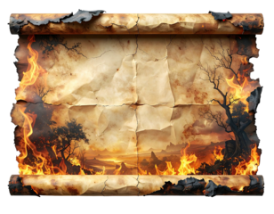 Aged scroll depicting a landscape engulfed in fire