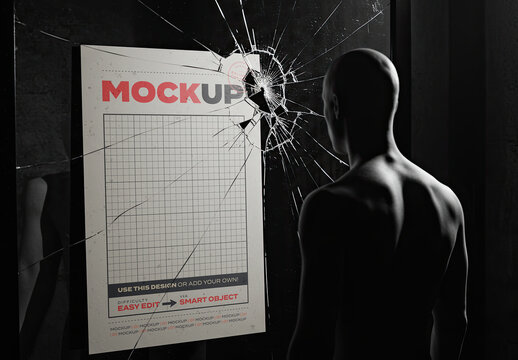 Vertical Poster Mockup Reflection on Broken Mirror with Person