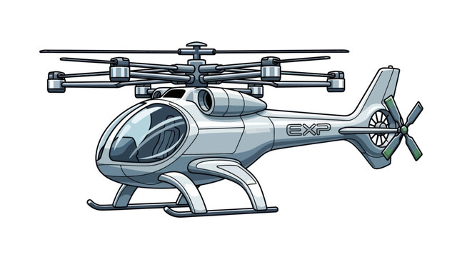 Futuristic silver experimental helicopter illustration with coaxial multi-blade rotors and a tail rotor.