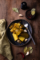 Bowl of pickled marinated cucumbers