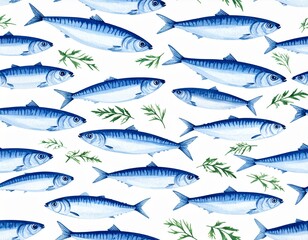 Watercolor pattern of blue fish and herbs