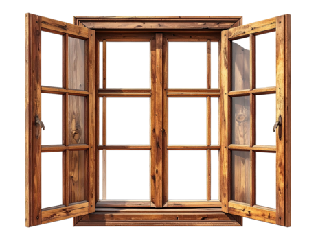Open wooden window on black background