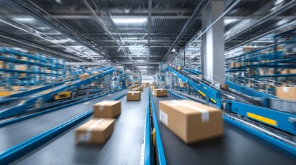 Obraz premium Automated warehouse system with cardboard boxes moving on blue conveyor belts