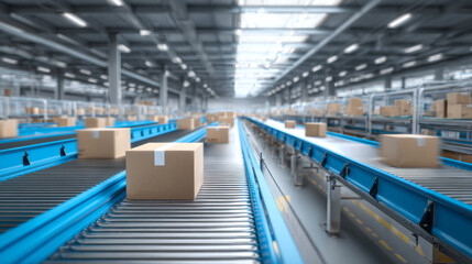 Cardboard boxes on blue conveyor line in modern automated logistics center