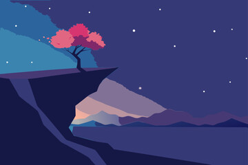 Obraz premium Serene minimalist landscape featuring a solitary pink tree on a cliff edge overlooking a calm body of water and distant mountains under a starry night sky