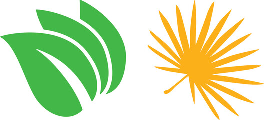 Green Leaves and Yellow Palm Frond Icons on White Background