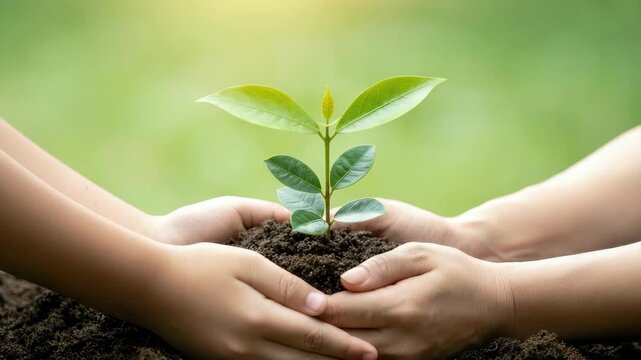 Hands nurturing seedling in soil, symbolizing growth, care, and environmental conservation