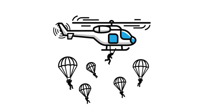 Cartoon Helicopter with Parachuting Figures Airborne Deployment.