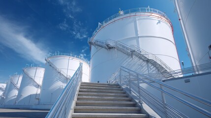 Fototapeta premium White industrial fuel storage tanks with staircases and blue sky background