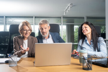 Diverse business meeting with multiethnic team using laptops in modern office working together on project