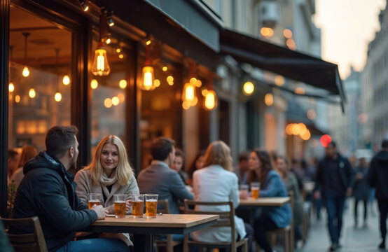 Couple sits at outdoor cafe table with beers. People relax in warm, blurred urban setting. Lively street scene with conversation and drinks.