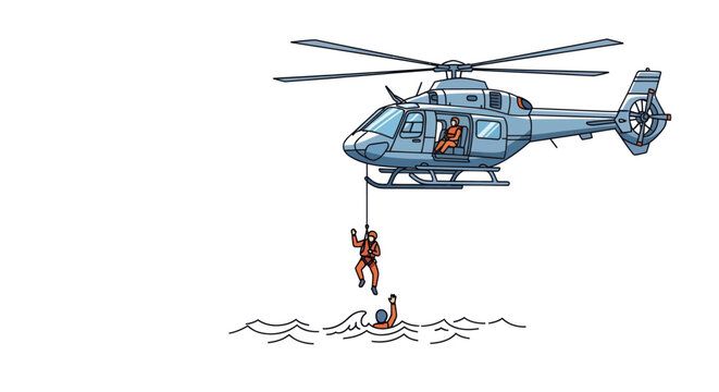 Cartoon illustration of a blue helicopter performing a water rescue hoisting a person from the sea.