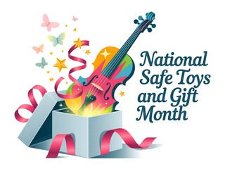 Colorful violin bursting from an open gift box with confetti and ribbons celebrating national safe toys and gift month
