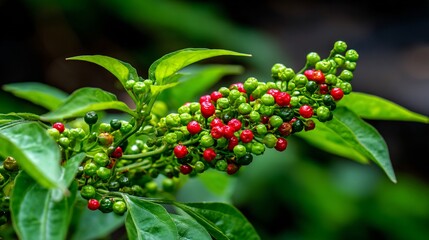 Obraz premium botanical illustration of a pepper vine with clusters of ripening green, red, and black peppercorns. Focus on the texture of the berries and the glossy leaves. Scientific, elegant composition 