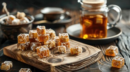 Delicious caramel cubes. Creamy caramel candies on a wooden board. Sweet treats, toffee confectionery.
