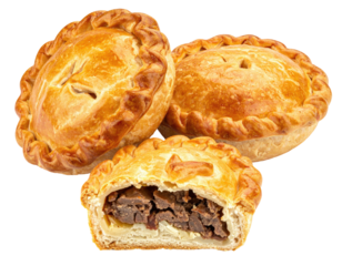 Three savory pies, golden-brown crust, meat filling (1)