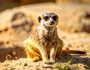 Fototapeta premium Alert meerkat sits on sandy terrain, sunlit