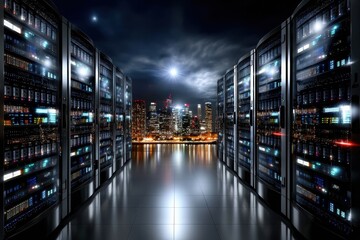 Modern data center with server racks illuminated against a city skyline at night
