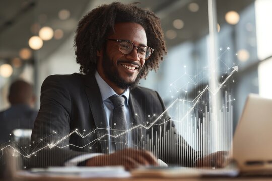 African american man watching financial data growth chart