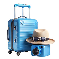 3D Minimal Travel Setup with Blue Suitcase, Sunglasses, Hat and 