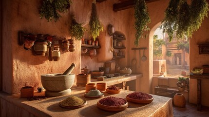 Fototapeta premium of a traditional kitchen with mortar and pestle grinding black pepper, open spice jars, hanging dried herbs, clay walls, sunlight entering, copy space to the left traditional kitchen, mortar 