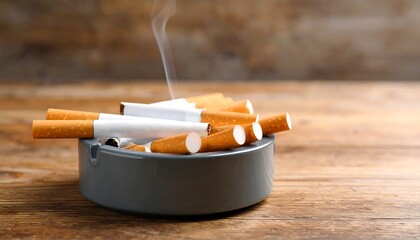 Used cigarettes in an ashtray on a wooden table