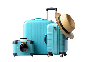 3D Minimal Travel Setup with Blue Suitcase, Sunglasses, Hat and Camera on White & 